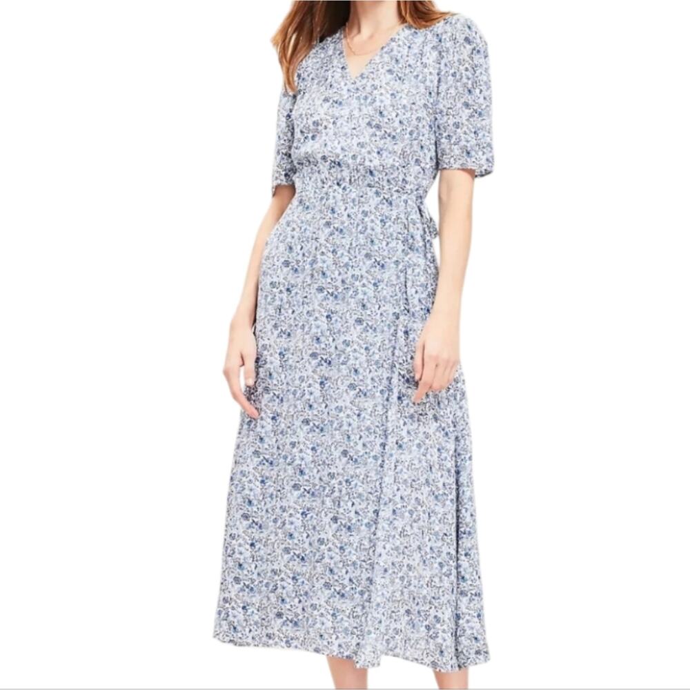 Loft Floral Blue White Midi Jungle Jacquard Wrap Midi Dress Size 6 Small New